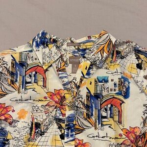 Chico's Vibrant Artistic  - Blue, Yellow, Orange wrinkle resistant travel Blouse